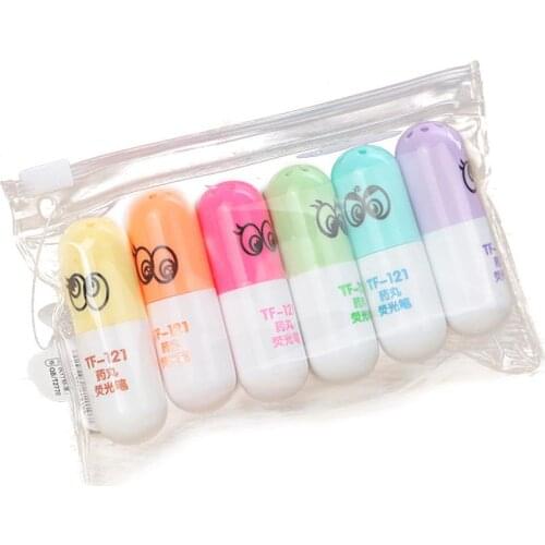 6Pcs/Box Pill Design Fashion Highlighter Pen High Grade Marker Pen - Random Color Cute cartoon pill design pencil r30