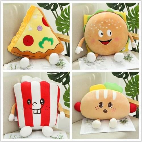 Funny Cartoon Food Plush Toys Pizza Hamburger Popcorn Hot Dog Plush Stuffed Solls Snack Pillows Cushion Kids Toys Birthday Gift