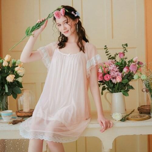 Women Homewear Pink Blue Sexy Sleepwear Night Dress Modal Lace Nightwear Luxury Nightgown Female Gown Sleepwear
