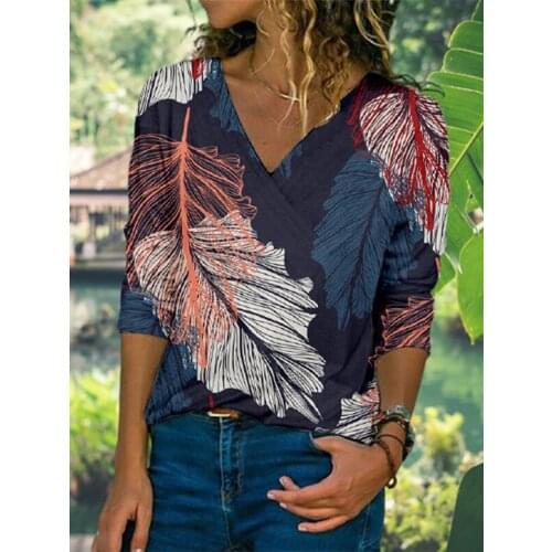 2021 New Fashion Women Hand-Painted Print T Shirt Long Sleeve Tops Autumn Clothes Casual V-Neck Pullover Ladies Street Tee Shirt