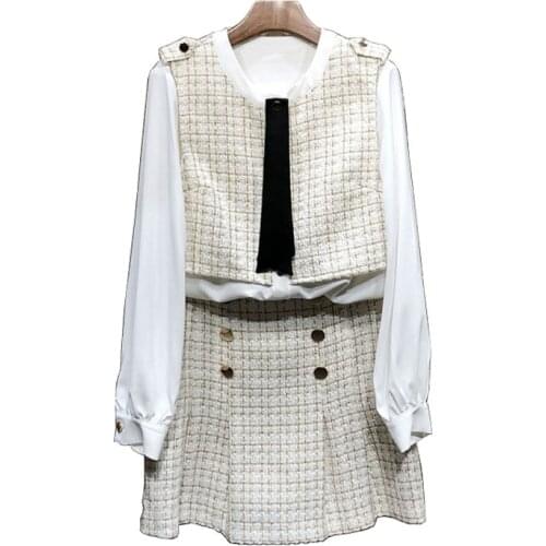 PERHAPS U Spring Autumn Tweed Plaid White O Neck Shirts Mini Skirt Two Pieces Set Women Button Chic Elegant T0458