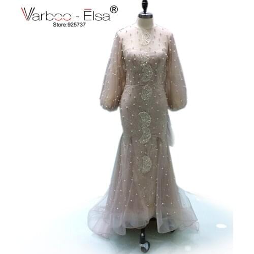 VARBOO_ELSA Couture Full Pearls Evening Dress 2018 Luxury Dubai Abiye champagne Formal Party Gown mermaid Prom Dresses Robe