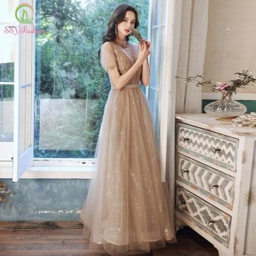SSYFashion Champagne Long Evening Dress for Women Puff Sleeve A-line Floor-length Sequins Beading Party Formal Gowns Vestidos