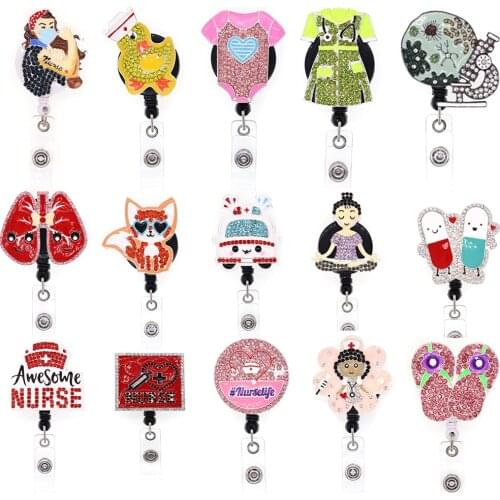10pcs Hospital Medical Workers Retractable Rhinestone Badge Reel Doctors Nurse Student Display Tag Staff Card Badge Holder