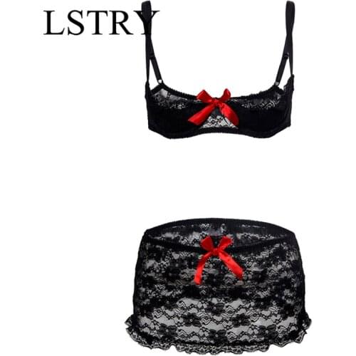 2021 Sexy Lingerie Hot Erotic Lace Sex Dress Pajamas Exotic Open Bra Underwear Suit Open Cup Bra+Garter+Skirt With Steel Ring