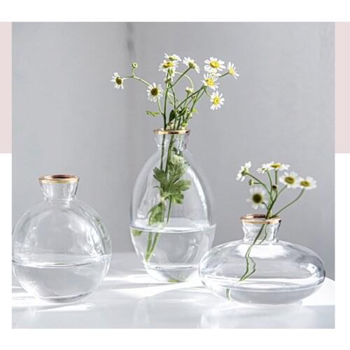 3Pcs Classic Creative Mini Vases With Gold Linen Top Quality Glass White Transparent Home Deco Bottle Floral Vase Wholesale