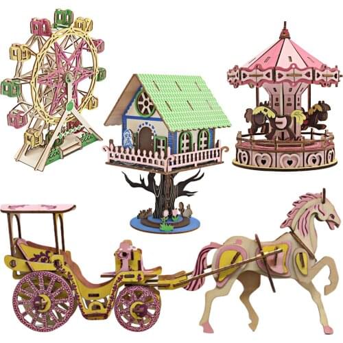3D Wooden Jiasaw Puzzles Carousel Educational Toy Assembly Model Kits Toys For Childrens Girls Birthday Gift