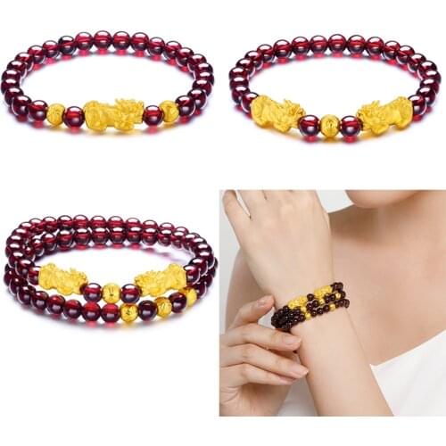 999 Pure 24K Yellow Gold Bracelet 3D Luck Coin Pixiu with 5mmW Gold Bead with 5mmW Garnet Beads Link Bracelet