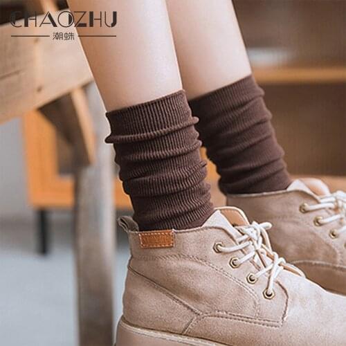 CHAOZHU Japanese Korea High School Girls High Socks Loose Solid Colors Double Needles Knitting Cotton Long Socks Women