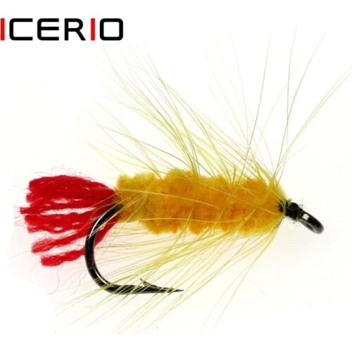 ICERIO 6PCS Yellow Woolly Worm Caddis Larva Flies Tying Hook Trout Grayling Fishing Fly Lures #6