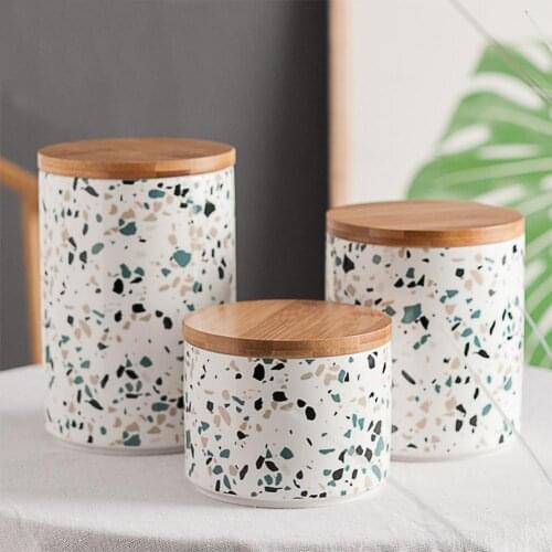 Nordic Style Marble Pattern Ceramic Kitchen Seasoning Tank Set Wooden Cover Salt Shaker Spice Jar Kitchen Accessories 1.13