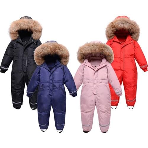 2021 Boys Winter Snowsuit Waterproof Real Fur Thick Girls Jumpsuit Kids Overalls Children Ski Suit Snow Wear