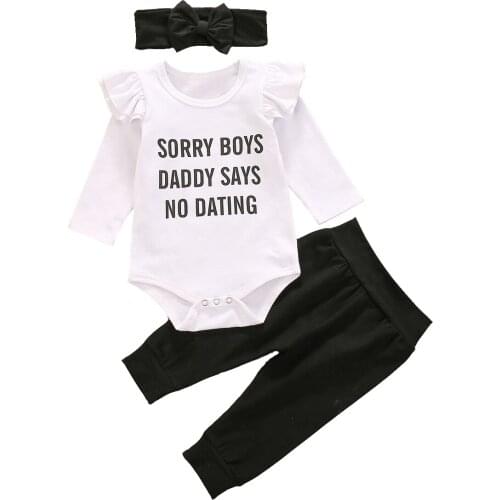 3PCS Newborn Baby Girl Clothes Funny Letter Print Long Sleeve Ruffle Bodysuit + Solid Pants + Headband Spring Autumn Outfits Set