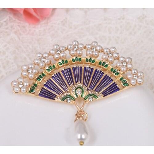 Qingdao good beautiful brooch retro vintage enamel jewelry imitation pearl fan Chinese antique fans a corsage