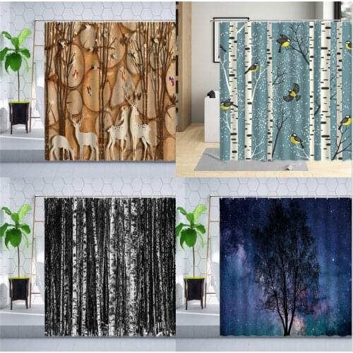 Creative Black Tree Trunk Shower Curtain Birch Texture Starry Sky Animal Elk Bird Butterfly Bathroom Curtain Polyester Cloth Set