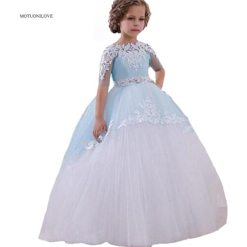 Half Sleeves Lace Lovely Flower Girl Dresses Light Sky Blue Bow Sash Crystal Kids Prom Evening Dress decoracion primera comunion