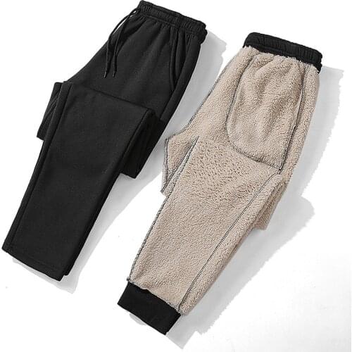 Men Outdoor Gym Pants Elastic Sweatpants Winter Men Plush Liner Sweatpants Solid Color Drawstring Sports Trousers Pants Trousers
