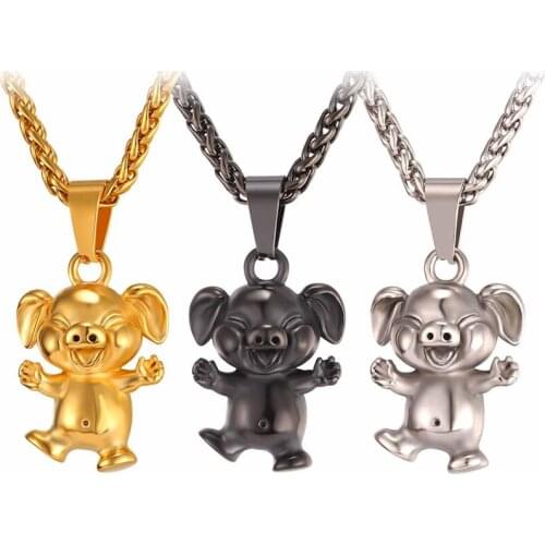 New Cute Cartoon Pet Pig Necklace Pendant Collier Stainless Steel/Yellow Gold Color Men/Women Animal Lucky Happy Jewelry GP2463
