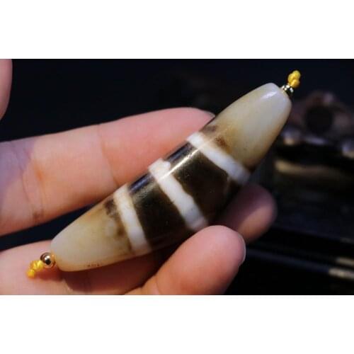 Treasure Magic LKbrother Magic Tibetan Old Agate 3 Line Buddha Medicine Horn Shape dZi Bead Pendant 4A LK