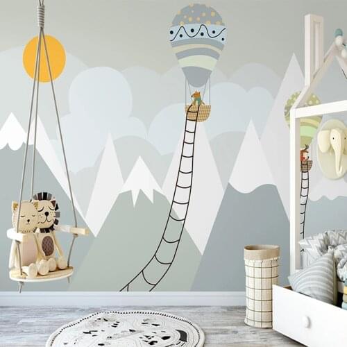 Custom Photo Mural 3D Hand Painted Mountain Sun Hot Air Balloon Animal Cute Children Room Bedroom Decor Wall Painting Wallpaper