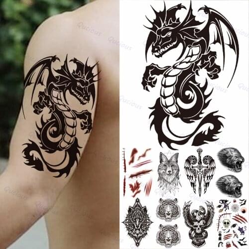 Realistic Black Dragon Temporary Tattoos For Men Adult Geometric Tiger Fox Owl Fake Tattoo Sticker Arm Tatoos Totem Armband