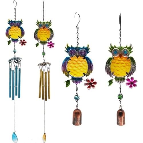 European Vintage Owl Metal Wind Bell Creative Wrought Iron Glass Colored Painting Crafts Home Garden Decoration Pendant