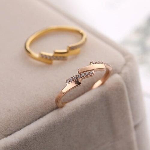 Pink Gold Color Stainless Steel Finger Rings For Women Engagement Party Jewelry,Minimalist Double Crystal Woman Ring Accessories
