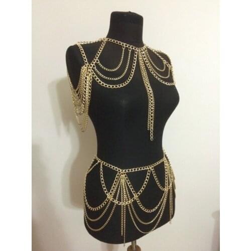 Stage body chains costume Fashion Jewelry Punk Heavy Metal Multilayer Tassel Gold Body ketting Long Necklace