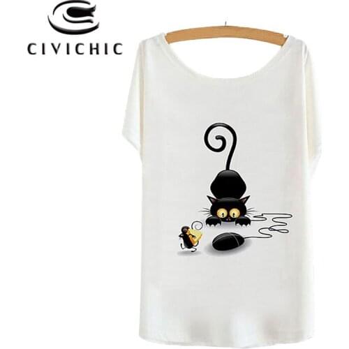 CIVI CHIC Girl Cute Summer Loose T Shirt Woman Black Kitty Schrodingers Cat Printing Tops Tee Bat Sleeve One Size Tshirt WST107