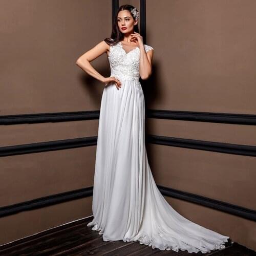 Modest A-line Chiffon V-neck Sleeveless Wedding Dress for Bride Court Train Appliques Plus Size Bridal Gowns