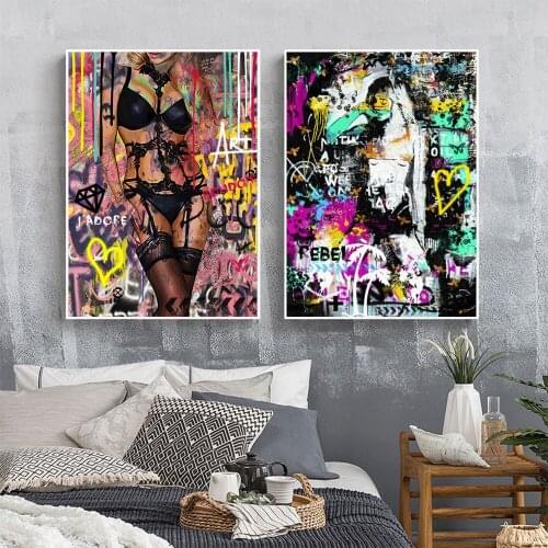 Street Graffiti Modern Sexy Underwear Nude Woman Wall Art Poster Color Print Canvas Painting for Living Room Bedroom Decor Gift