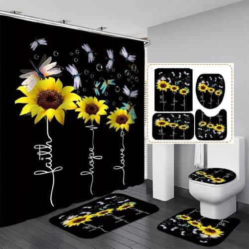 3D Dragonfly Sunflower Pattern Waterproof Shower Curtain Non-slip Mat Toilet Cushion U-shaped Cushion Bathroom Essential Set
