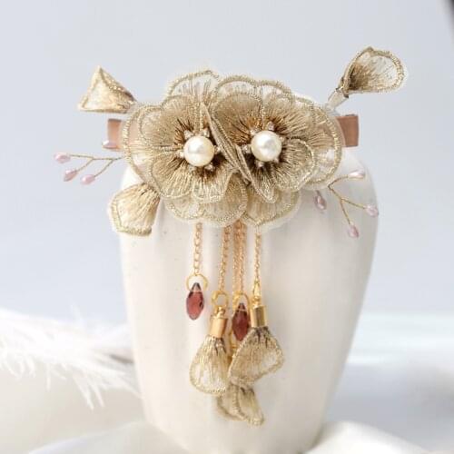 Embroidered Hair Clip Elegant Fabric Flower Hairpin Pearl Female Tassel Floral Pins Handmade Jewelry for Girls Hair Accessories