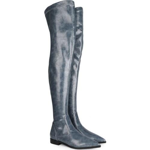 OLOMLB Womens Pointy Toe Genuine Leather Over The Knee Boots Low Heel Riding Punk Long Slim Shoes Stretchy Plus Size 34-44