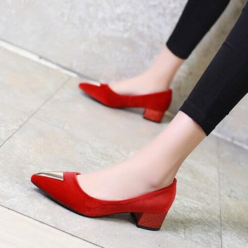 Big Size ladies high heels women shoes woman pumps High-heeled sequined single shoes with pointed thick heels