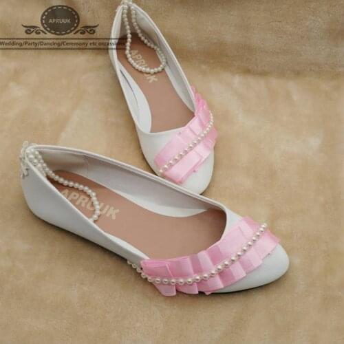 Handmade plus size white pink flats shoes woman ladies girls seet ankle beading strap handmade dinner party princess flats shoes