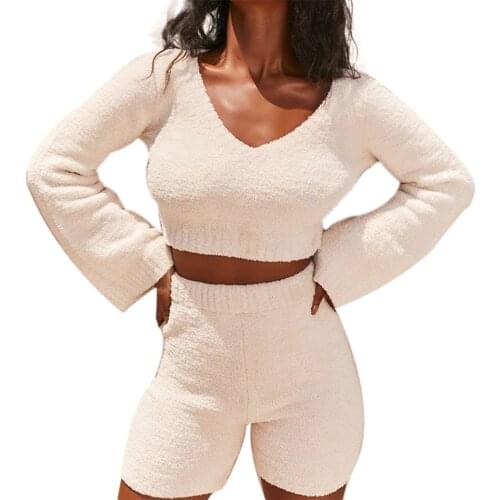 Women Fashion 2-piece Outfit Set Flare Sleeve V-neck Crop Top and Shorts Set for Women