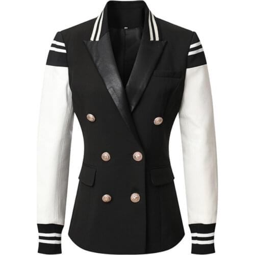 High Quality Womens Casual Leather Patchwork Double Breasted Jacket Style Long Sleeve Classic Varsity Women Blazer