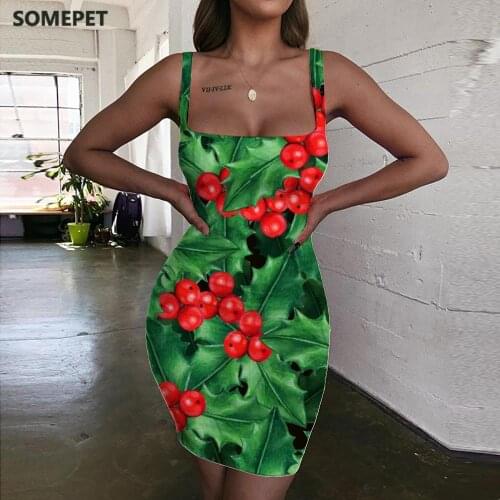 SOMEPET Christmas Dress Women Leaf 3d Print Painting Halter Sleeveless Decorate Bodycon Dress Womens Clothing Mini Evening Short