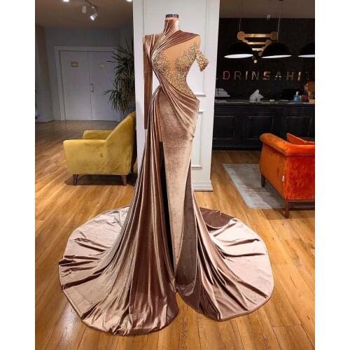 Velvet Long Mermaid Prom Dresses High Neck Lace Appliqued Beaded Crystal Luxury African Side Split Women Formal Evening Gowns