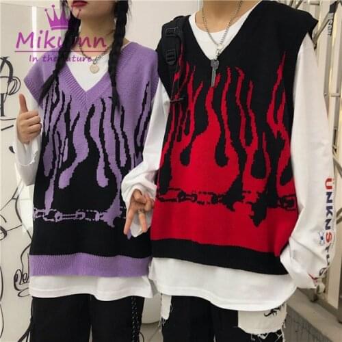 Harajuku Flame V-neck Sleeveless Knitred Vest Autumn Casual Loose Sweater Tank Tops Pullover Men and Women Streetwear