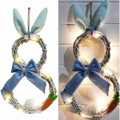 1pcs Easter Bunny Garland With Lights DIY Rattan Bunny LED Lights Hanging Easter Ornament Wreath Party Happy Easter Decor