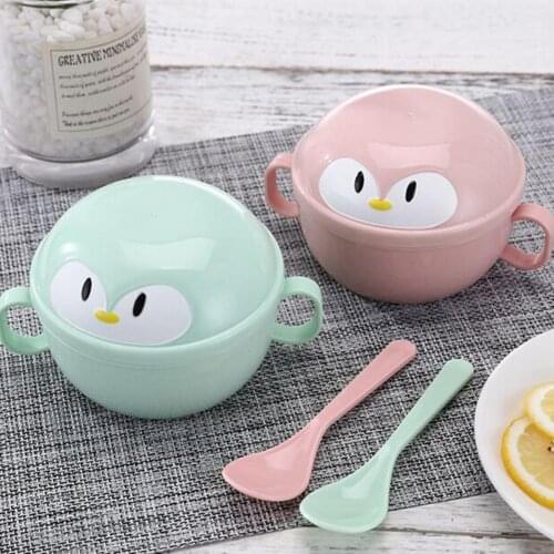 2Pcs/Set Baby Bowl Non-slip Bottom Thermal Insulation Cartoon Penguin Children Feeding Dish Spoon Set for Home