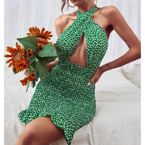 2021 Summer Sexy Womens Halter Floral Print Mini Dress Ladies Bodycon Party Clubwear Sexy Backless Dress Womens Mini Sundress