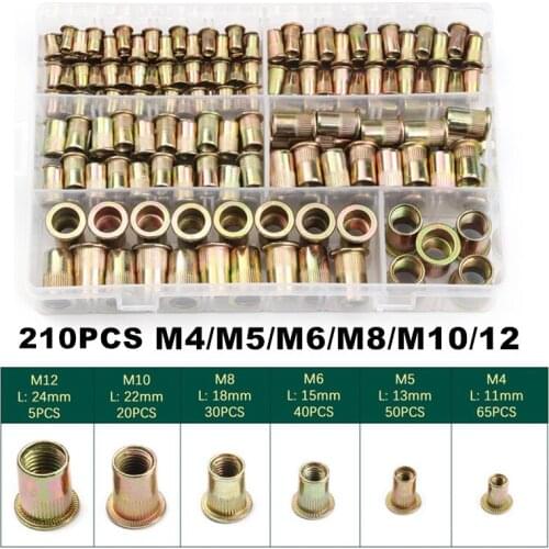 210PCS Carbon Steel Rivnuts Flat Head Threaded Rivet Insert Nutsert Cap Rivet Nuts M4/M5/M6/M8/M10/12 Assortment Kit