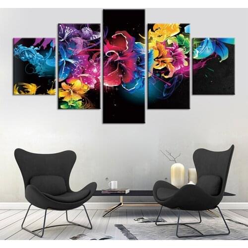 5 Panels Wall Print Canvas Modern Abstract Decorative Pattern Flowers Line Art Poster Living Room Decoration Painting