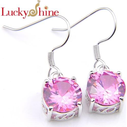 Promotion Luckyshine Round Pink Crystal Cubic Zirconia Silver Holiday party Wedding Drop Earrings Russia USA Australia Earrings