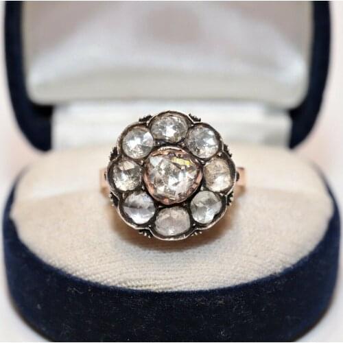 ANTIQUE 9K GOLD OTTOMAN NATURAL ROSE CUT DIAMOND DECORATED BIG STRONG ROSE RING