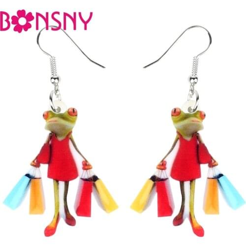Bonsny Acrylic Shopping Lady Frog Earrings Drop Dangle Novelty Animal Jewelry For Women Girls Ladies Accessories Original Gift