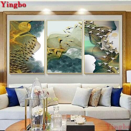 Nordic Minimalist Style 3D DIY Diamond Painting Cross Stitch 3 Panel Abstract birds Pictures Mosaic Diamond Embroidery sticker